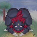  1:1 ambiguous_gender anthro ass_up butt claws crouchingli0n feathers front_view gem hi_res jack-o&#039;_pose mammal nintendo painting_(artwork) pok&eacute;mon pok&eacute;mon_(species) pose raised_tail solo thick_thighs traditional_media_(artwork) video_games weavile 