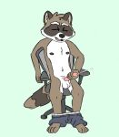  anthro balls bodily_fluids chair clothed clothing cum ejaculation erection furniture genital_fluids genitals hi_res humanoid_genitalia humanoid_penis male mammal masturbation nicksfurry nipples nude office_chair open_mouth pants_around_ankles pants_down partially_clothed penis procyonid raccoon simple_background sitting solo 