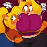  1:1 2021 3barts absurd_res activision anthro bandicoot big_breasts big_butt blonde_hair blush bodily_fluids bottomwear bouncing_breasts breast_jiggle breast_squish breasts butt clothing coco_bandicoot crash_bandicoot_(series) crop_top curvy_figure denim denim_clothing digital_media_(artwork) duo embrace english_text eyelashes face_in_breasts female female/female fingers fur green_eyes hair hi_res hourglass_figure hug huge_breasts huge_butt jeans larger_female lips long_hair mammal marsupial midriff multicolored_body multicolored_fur navel orange_body orange_fur pants ponytail shirt simple_background size_difference smaller_female smile squish standing sweat tan_body tan_fur tawna_bandicoot text thick_thighs thought_bubble tongue topwear v-cut video_games voluptuous wide_hips 