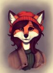  anthro beanie brown_hair canid canine clothing female fox hair hat headgear headwear mammal portrait solo wolverfox 