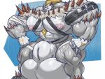 4:3 anthro balls bandage bandai_namco belt big_balls big_muscles digimon digimon_(species) genitals huge_balls huge_muscles looking_at_viewer male muscular muscular_male simple_background solo stefilmon 