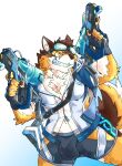  abs anthro barrel_(live-a-hero) bulge canid canine canis clothing eyewear fingerless_gloves gloves goggles grin handwear hi_res hip_window lifewonders live-a-hero male mammal muscular muscular_anthro muscular_male ottyo_kope pecs smile solo toy toy_gun video_games water_gun wolf 