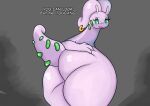  anthro butt digital_media_(artwork) dragon female goodra goopyarts green_eyes looking_at_viewer nintendo nude open_mouth pok&eacute;mon pok&eacute;mon_(species) simple_background slightly_chubby slime smile solo text thick_thighs vamira_(goopyarts) video_games wide_hips 