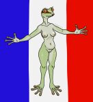  4_fingers 4_toes absurd_res amphibian anthro areola arms_out belly big_belly blush breasts cayugo cel_shading countershading eyelashes feet female fingers fingers_spread french french_flag frog genitals glistening green_body hi_res lipstick looking_at_viewer makeup membrane_(anatomy) navel nipples non-mammal_breasts nude orange_eyes orange_sclera palms pupils pussy shaded slit_pupils smile solo thick_thighs toes webbed_feet webbed_hands 