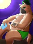  2021 anthro belly black_nose blush book brown_body brown_fur canid canine canis clothing cute_fangs domestic_dog fur hi_res inunodaidokoro kemono male mammal moobs moon night nipples overweight overweight_male scar sitting solo underwear 