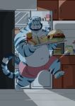  2021 absurd_res anthro appliance belly blue_body blue_fur blue_nose bottomwear burger clothing detailed_background felid food fridge fries fur hi_res hot_dog humanoid_hands inside kitchen kitchen_appliance male mammal maximoffex navel night overweight overweight_male pancake pantherine sandwich_(food) shorts solo tiger white_body white_fur 
