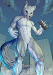  absurd_res anthro bodily_fluids canid canine canis destruction drooling glowing glowing_eyes hi_res kyuq macro male mammal muscular nude open_mouth saliva solo wolf 