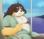  2021 anthro belly bernese_mountain_dog black_body black_fur blue_eyes brown_body brown_fur canid canine canis clothing detailed_background domestic_dog fur humanoid_hands itachi_guma kemono male mammal molosser moobs mountain_dog overweight overweight_male robe sitting solo swiss_mountain_dog water white_body white_fur 