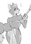  2021 anthro armor backsack balls bottomwear bracers butt canid canine clothed clothing conditional_dnp cosplay crossdressing digital_media_(artwork) fox fox_mccloud genitals girly kippy krystal krystal&#039;s_staff loincloth looking_at_viewer male mammal markings monochrome nervous nintendo rear_view shy simple_background solo staff star_fox translucent translucent_clothing video_games weapon 