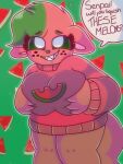  anthro big_breasts bottomless breast_grab breast_squish breasts clothed clothing dialogue dialogue_box domestic_cat english_text felid feline felis female freckles fur green_hair green_nose green_sclera hair hand_on_breast hi_res mammal red_body red_clothing red_fur red_sweater red_topwear sharp_teeth solo squish suggestive sweater sweater_only teeth text topwear topwear_only watermelon_(watermelonthecat) watermelonthecat white_eyes 