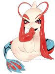  2021 blush breasts busty_feral eyelashes female feral glistening glistening_body glistening_scales glistening_skin hi_res looking_at_viewer milotic nintendo non-mammal_breasts pok&eacute;mon pok&eacute;mon_(species) red_eyes scales semi-anthro simple_background sirn_0121 smile video_games watermark white_background 