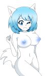  anthro areola blue_areola blue_eyes blue_hair blue_nipples blush breasts canid canine canis female fur genitals hair hi_res mammal navel nipples nude one_eye_closed portrait pussy simple_background smile solo three-quarter_portrait unknown_artist white_background white_body white_fur wink wolf wolfychu 