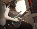  3d_(artwork) anthro bedroom black_hair blender_(software) blue_eyes blue_hair bottomwear bovid caprine clothed clothing daloaf digital_media_(artwork) female freckles goat guitar hair hi_res highlights_(coloring) horn hotpants ibanez_rgd kara_(daloaf) mammal musical_instrument nipple_outline playing_guitar playing_music plucked_string_instrument shirt shorts smile solo string_instrument tank_top topwear 