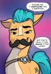  badge brown_eyes dialogue english_text equid equine facial_hair hasbro hitch_trailblazer_(mlp) horse male mammal mlp_g5 mustache my_little_pony pony sash solo text the-gneech turquoise_hair 