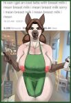  2021 absurd_res anthro apron apron_only areola big_breasts biped black_lips black_nose bodily_fluids border breasts brown_hair canid canine canis claws clothing coffee_shop container cup curvy_figure digital_drawing_(artwork) digital_media_(artwork) domestic_dog english_text female fur german_shepherd green_apron green_border green_eyes hair herding_dog hi_res holding_cup holding_object i_mean_breast_milk lactating lips looking_at_viewer mammal maria_(pancarta) mature_anthro mature_female meme milk mostly_nude nipples pancarta pastoral_dog pink_nipples portrait solo text three-quarter_portrait white_body white_fur wide_hips 