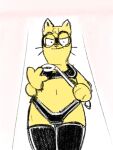  2021 3:4 anthro digital_media_(artwork) domestic_cat dominatrix doodle_town felid feline felis female fur kitty_lolo latex_stockings low-angle_view mammal riding_crop solo whip worm&#039;s-eye_view yellow_body yellow_fur zambs 