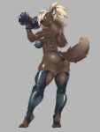  3:4 7fukuinu anthro blonde_hair breasts brown_body brown_fur butt canid canine claws clothing dumbell ear_piercing ear_ring exercise feet female fingerless_gloves footwear fur gloves hair handwear hi_res kemono legwear looking_at_viewer looking_back looking_back_at_viewer mammal muscular muscular_arms muscular_female orange_eyes piercing ponytail rear_view simple_background socks solo stirrup_socks thigh_highs toe_claws underwear weightlifting workout 