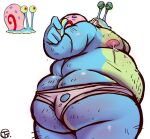  2021 anthro anthrofied belly big_butt blue_body bodily_fluids butt clothed clothing gary_the_snail gastropod humanoid_hands lactating male male_lactation mollusk moobs nickelodeon nipples obese obese_anthro obese_male overweight overweight_anthro overweight_male simple_background snail solo spongebob_squarepants topless torn_clothing torn_underwear trashtoonz underwear white_background 