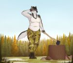  2021 5_fingers anthro black_hair black_nose breasts canid canine canis clothed clothing day detailed_background digital_media_(artwork) female fingers fur grass grey_body grey_fur hair mammal outside plant sky slightly_chubby solo standing tenynn wolf 