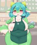  2021 4_fingers accessory anthro apron apron_only belly big_breasts blue_hair bodily_fluids breasts clothing container cup curvy_figure dragon eigetsu female fingers green_apron green_body hair hair_accessory hair_bow hair_ribbon i_mean_breast_milk inverted_nipples kemono lactating looking_at_viewer lusyue meme mostly_nude multicolored_body neck_tuft nipples overweight overweight_anthro overweight_female pen pink_eyes ribbons short_hair short_stack solo starbucks thick_thighs tuft two_tone_body voluptuous white_body 