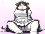  4:3 anthro big_breasts biped black_body black_fur black_hair blush bovid bovine breasts brown_eyes cattle clothing dress female front_view fur gradient_background hair headdress hi_res hooves long_hair looking_at_viewer maid_uniform mammal multicolored_body multicolored_fur nipple_outline on_ground open_mouth panties pink_background reclining simple_background sitting solo tail_tuft teeth tsuchi_dash tuft two_tone_body two_tone_fur underwear uniform upskirt white_body white_fur 