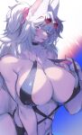  2021 anthro big_breasts biped breasts canid canine cleavage clothed clothing digital_media_(artwork) eyewear female front_view fur hair half-length_portrait heart_glasses hi_res huge_breasts kemono ksyaro long_hair looking_at_viewer mammal navel neck_tuft nipple_outline one-piece_swimsuit open_mouth open_smile pink_body pink_fur portrait red_eyes shaded smile solo sunglasses swimwear tuft white_hair 