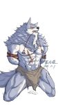  2021 abs anthro arms_tied biceps biped black_nose blush bottomwear bound canid canine canis chest_scar clothing colored eyebrows fur grey_body grey_fur hi_res kevinethno law_(sdorica_sunset) loincloth male mammal multicolored_body multicolored_fur muscular muscular_anthro muscular_male muscular_thighs nipple_piercing nipples pecs piercing pubes scar sdorica signature simple_background solo thick_eyebrows two_tone_body two_tone_fur white_background white_body white_eyebrows white_fur wolf 