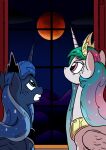  absurd_res blood_moon clenched_teeth crown equid equine friendship_is_magic full_moon hi_res horn mammal moon my_little_pony nervous night pony-berserker princess_celestia_(mlp) princess_luna_(mlp) teeth tiara window winged_unicorn wings 