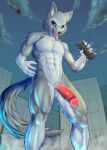  absurd_res anthro bodily_fluids canid canine canis destruction drooling genitals glowing glowing_eyes hi_res kyuq macro male mammal muscular nude open_mouth penis saliva solo wolf 