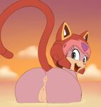  anthro anus billboi butt cloud domestic_cat fangs felid feline felis female fur genitals grey_eyes looking_at_viewer looking_back looking_back_at_viewer mammal mostly_nude open_mouth outside pink_body pink_fur polly_esther pussy rear_view samurai_pizza_cats sea sky smile solo water 