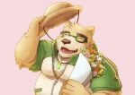  2021 anthro brown_body brown_fur clothing eyes_closed eyewear flower fur glasses hat headgear headwear humanoid_hands kemono kuremura62213 lifewonders male mammal overweight overweight_male plant shirt simple_background solo straw_hat tokyo_afterschool_summoners topwear ursid video_games volos 