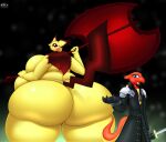  absurd_res anthro bds_charmeleon big_breasts big_butt breasts butt charmeleon dorian_(bds_charmeleon) female genitals hi_res holding_axe huge_breasts huge_butt hyper hyper_breasts hyper_butt larger_female looking_at_viewer looking_back looking_back_at_viewer male nintendo pichu pok&eacute;mon pok&eacute;mon_(species) pussy rear_view scalie sephiroth size_difference smaller_male thick_thighs video_games yellow_body 