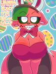  anthro big_breasts blush bow_tie breasts bunny_costume clothed clothing costume dialogue domestic_cat easter egg fake_ears fake_rabbit_ears felid feline felis female freckles fur green_hair green_nose green_sclera hair holidays mammal red_body red_fur solo suggestive text watermelon_(watermelonthecat) watermelonthecat white_eyes 
