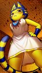  animal_crossing ankha_(animal_crossing) anthro blue_hair breasts brown_eyes clothed clothing codyblue-731 curvy_figure domestic_cat egyptian felid feline felis female fur hair looking_at_viewer low-angle_view mammal nails nintendo nipple_outline nipple_piercing nipple_ring nipples piercing simple_background solo thick_thighs tunic video_games yellow_body yellow_fur 