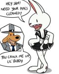  4:5 anthro canid canine canis clothed clothing crossdressing dialogue domestic_dog english_text fur lagomorph leporid maid_uniform male mammal pokefound rabbit sam_and_max text uniform 