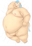  2021 anthro bed belly big_belly blue_hair blush doguma-sin furniture gouryou hair hi_res humanoid_hands kemono lifewonders lying male mammal moobs nipples obese obese_male overweight overweight_male solo suid suina sus_(pig) tokyo_afterschool_summoners video_games wild_boar 