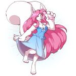  1:1 2021 4_toes 5_fingers alpha_channel anthro barefoot big_hands blue_clothing blue_dress breasts chest_tuft clothing dress feet female fingers fur hair hi_res kdhynamo looking_at_viewer mammal on_one_leg one_eye_closed open_mouth pawpads pink_hair pink_pawpads rodent sciurid simple_background smile solo standing toes transparent_background tree_squirrel tuft white_body white_fur 
