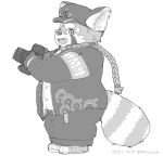  2021 ailurid anthro biped bottomwear camera clothing hat headgear headwear hi_res humanoid_hands kemono lifewonders male mammal monochrome moujya overweight overweight_male pants red_panda shirt simple_background solo tokyo_afterschool_summoners topwear video_games white_background zhurong_(tas) 