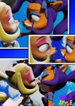  3d_(artwork) activision anthro bandicoot blonde_hair blue_background bow_tie clothed clothing cloud coco_bandicoot comic crash_bandicoot_(series) digital_media_(artwork) duo evil_coco female female/female fur green_eyes hair humanoid kissing makeup mammal marsupial orange_body orange_fur overalls purple_clothing purple_eyes purple_hair simple_background sky video_games wildstyle_(artist) 