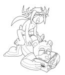  anal anal_penetration anthro antlers bodily_fluids boyhowdy cervid distracted distracted_sex duo fan_character from_behind_position hi_res horn male male/male mammal moan moaning_in_pleasure monochrome multitasking penetration perching_position reading sega sex size_difference small_dom_big_sub sonic_the_hedgehog_(series) sweat ursid 
