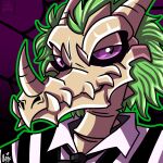  1:1 anthro arthropod_webbing beetlejuice bone clothing cosplay costume dracolich dragon fangs green_hair grin hair halloween halloween_costume hi_res holidays horn icon ladywitchfox lich looking_at_viewer male mortalis_the_grim purple_eyes skeleton smile solo suit undead 
