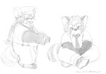  2021 ailurid anthro biped bottomwear camera clothing eyes_closed hat headgear headwear hi_res kemono lifewonders mammal monochrome moujya necktie pants red_panda shirt simple_background sitting slightly_chubby solo tokyo_afterschool_summoners topwear video_games white_background zhurong_(tas) 