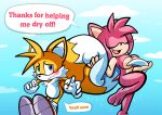  absurd_res age_difference amy_rose anonymous_artist anthro barefoot blue_sky canid canine clothing convenient_censorship dialogue duo english_text eulipotyphlan feet female footwear fox hedgehog hi_res male male/female mammal miles_prower nude sega shoes sky sonic_the_hedgehog_(series) speech_bubble text wet 