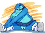  4:3 amphibian anthro big_breasts bodily_fluids bottomwear breasts cheerleader clothed clothing digital_media_(artwork) female frog genitals goopyarts huge_breasts overweight overweight_anthro overweight_female pussy remi_(goopyarts) simple_background skirt slightly_chubby smile solo thick_thighs wide_hips 