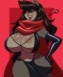  anthro armwear big_breasts black_hair bottomwear breasts canid canine canis cleavage clothed clothing curvy_figure elbow_gloves female fur gloves grey_body grey_fur hair hand_on_hip handwear hi_res loincloth long_hair looking_at_viewer mammal ooo-belise-ooo open_mouth red_eyes red_scarf scarf sharp_teeth skimpy smile solo standing teeth voluptuous watermark wolf 
