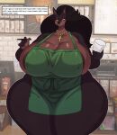  absurd_res anthro apron apron_only areola areola_slip big_breasts breasts canid canine canis clothing curvy_figure detailed_background dobermann domestic_dog english_text female front_view green_apron hi_res holding_object huge_breasts huge_thighs i_mean_breast_milk jewelry laverne_(sssonic2) looking_at_viewer mammal meme mostly_nude necklace pencil_(object) pinscher solo sssonic2 standing text thick_thighs voluptuous wide_hips 