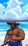  2021 anthro beach belly bottomwear brown_body brown_fur bulge clothing cloud detailed_background eyes_closed fur hat headgear headwear hi_res humanoid_hands male mammal navel outside overweight overweight_male ruslorc sea seaside shorts solo ursid water 
