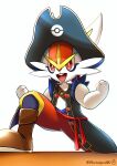  2021 absurd_res anthro boots captain_style_cinderace cinderace clothing footwear hi_res lagomorph male mammal nintendo open_mouth pirate_hat plantigrade pok&eacute;mon pok&eacute;mon_(species) pokemon_unite red_body red_eyes shaded simple_background solo uniform video_games watagashikn white_background white_body 