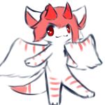  1:1 ambiguous_gender anthro dragon fluffy fur fur_markings furred_dragon hair hi_res horn markings multicolored_body multicolored_fur paws red_eyes red_hair red_horn red_sclera simple_background smile snoiifoxxo solo spread_wings standing tuft white_background white_body white_fur wings 
