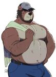  2021 anthro beard belly bodily_fluids bottomwear brown_body brown_fur bulge clothing cute_fangs facial_hair fur hat headgear headwear hi_res male mammal moobs overweight overweight_male pants ruslorc simple_background solo sweat towel towel_on_shoulder ursid white_background 